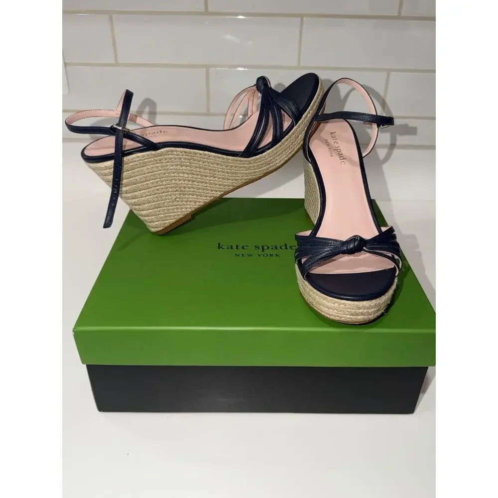 Kate Spade Tessa Navy Blue Leather Espadrille Wedge Sandals Size 11 B EUC